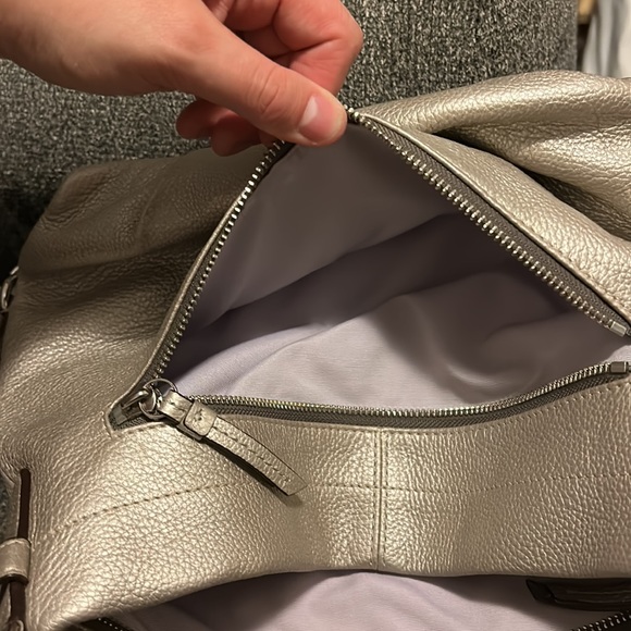 Coach Silver Metallic Pebbled Leather Shoulder Duffel Bag - Picture 7 of 10